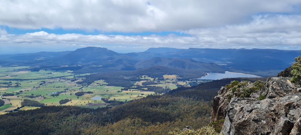 View from the top - looking south east at Quamby Bluff, Meander, Meander Dam and far in the distance the eastern end of the Great Western Tiers.