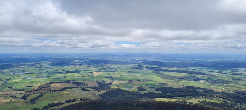 View from the top - looking north towards Deloraine, Montana, Red Hills and Bass Strait.