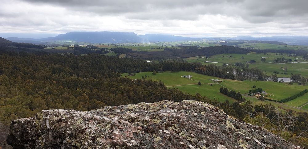 At picnic rock with a view of Mt Roland under cloud.